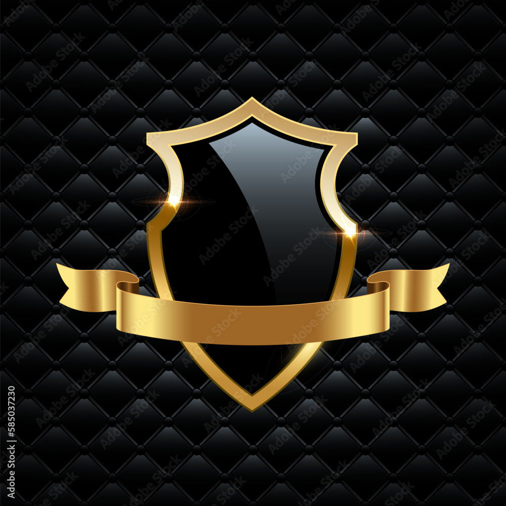 Glass shield with gold frame and ribbon. Metal heraldic emblems vector illustration. Retro luxury elements with shining sparkles. Heraldry insignia, antique golden decor on black VIP background Glass shield with gold frame and ribbon. Metal heraldic emblems vector illustration. Retro luxury elements with shining sparkles. Heraldry insignia, antique golden decor on black VIP background
