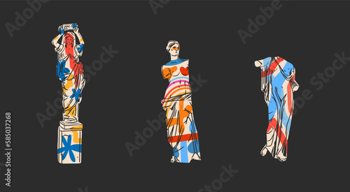 Hand drawn vector abstract outline,graphic,contemporary line greek ancient various sculpture old statues drawing illustration set.Antique classic ancient statue in trendy style,outline design concept.