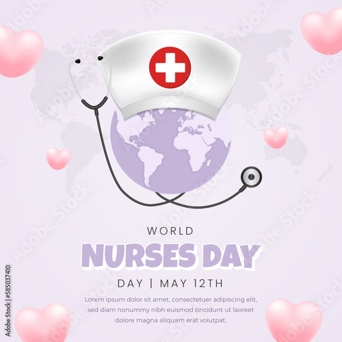 World Nurses Day May 12th illustration with hat stethoscope and globe