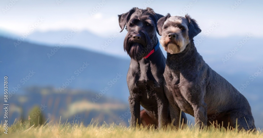 Two Kerry blue terrier dogs sitting on grass with mountains in background. Hyper-realistic image created with generative artificial intelligence Two Kerry blue terrier dogs sitting on grass with mountains in background. Hyper-realistic image created with generative artificial intelligence