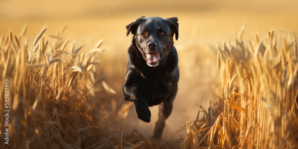 Black labrador retriever running happy in a wheat field with his tongue out. Hyper-realistic image created with generative artificial intelligence Black labrador retriever running happy in a wheat field with his tongue out. Hyper-realistic image created with generative artificial intelligence