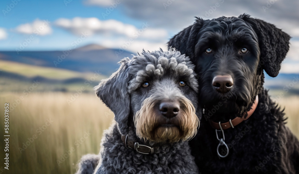 Portrait of two black terrier dogs sitting in the field.  Hyper-realistic image made with generative artificial intelligence