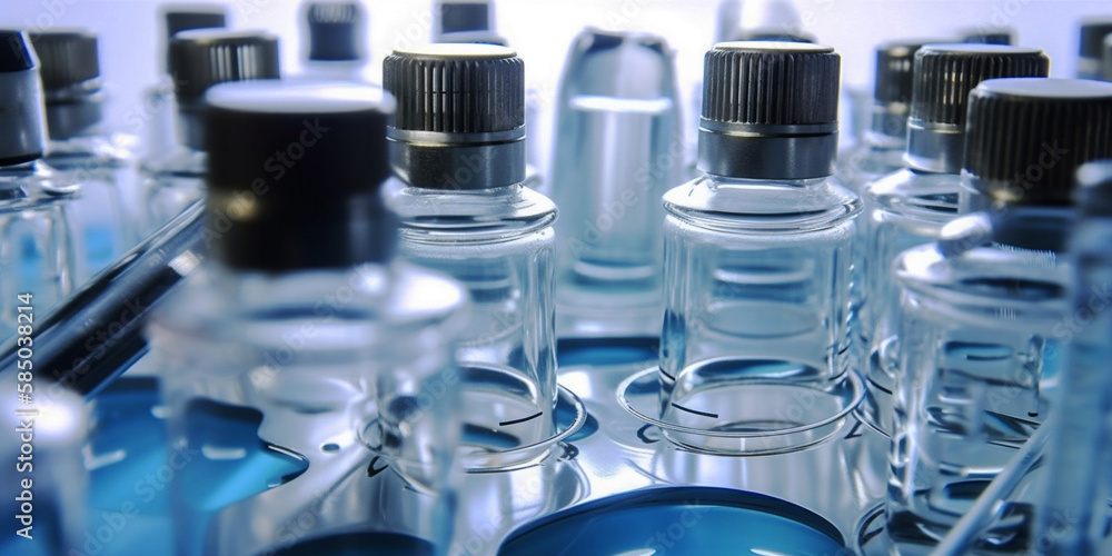 Laboratory bottles close-up. Scientific research and development concept. Image created with generative artificial intelligence in 3d style. Laboratory bottles close-up. Scientific research and development concept. Image created with generative artificial intelligence in 3d style.