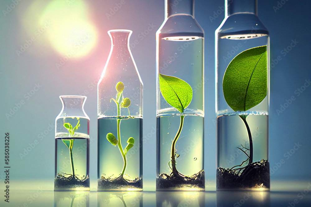 Four laboratory ampoules with green plant on a blue background. Science