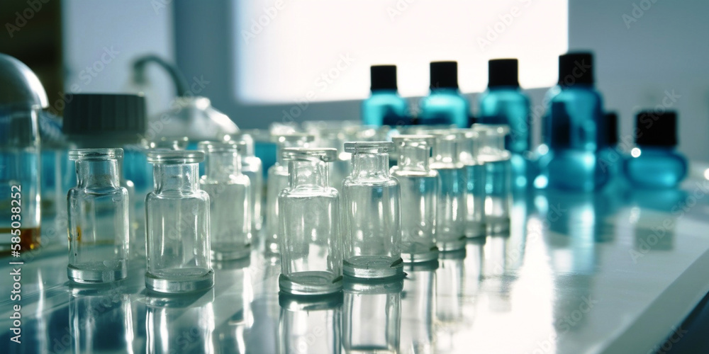 Laboratory glassware with blue liquid, science research and development concept. Hyper-realistic image created with generative artificial intelligence
Laboratory glassware with blue liquid, science research and development concept. Hyper-realistic image created with generative artificial intelligence