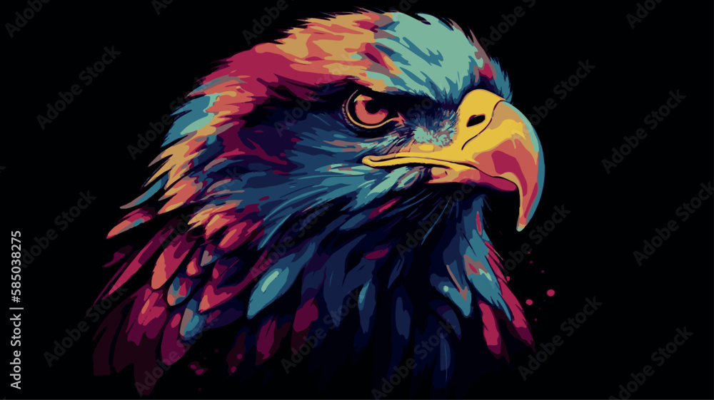 Eagle painting. Vector art illustration of bird with colorful paint. Majestic pop art poster or banner. emblem of america. Grunge vintage artwork. Modern cartoon sketch of hunter bird. Wildlife usa.