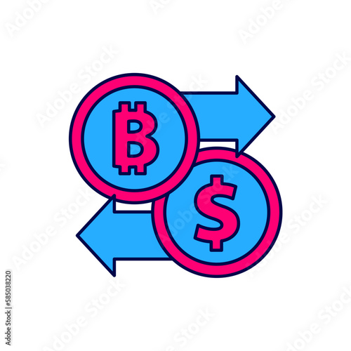 Filled outline Cryptocurrency exchange icon isolated on white background. Bitcoin to dollar exchange icon. Cryptocurrency technology, mobile banking. Vector