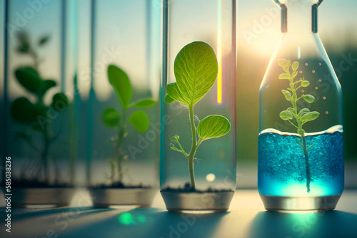 Green seedlings growing in test tube. Scientific research and development concept. Hyper-realistic image created with generative artificial intelligence