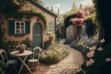 Whimsical Cottage Garden with Flagstone Patio, AI Generated