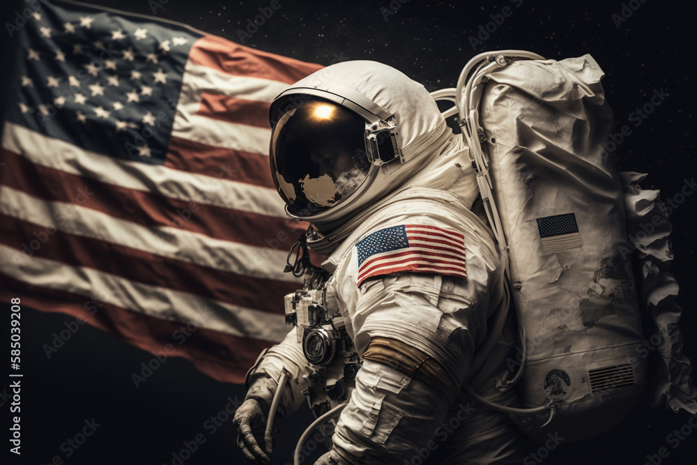 Cosmonaut or astronaut in a spacesuit on the moon surface with the American flag. Moon landing Usa flag space and science exploration symbol. Ai generated