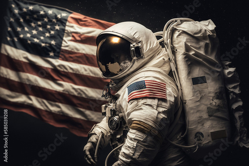 Cosmonaut or astronaut in a spacesuit on the moon surface with the American flag. Moon landing Usa flag space and science exploration symbol. Ai generated © dragomirescu