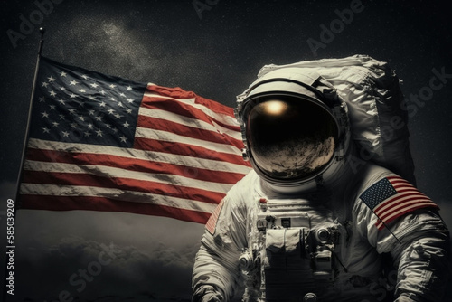 Cosmonaut or astronaut in a spacesuit on the moon surface with the American flag. Moon landing Usa flag space and science exploration symbol. Ai generated photo