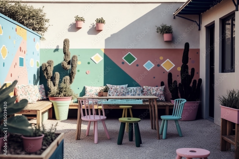 Air Terrace with Potted Plants, Outdoor Furniture, and Mosaic Tile Mural, Child-friendly Design Air Terrace with Potted Plants, Outdoor Furniture, and Mosaic Tile Mural, Child-friendly Design