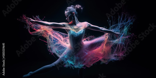 Young beautiful woman emotionally dancing contemporary, modern ballet dance. Shot in a dark studio with blue lights. Generative AI