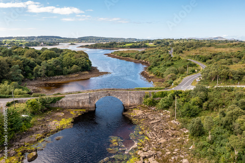 Aerial view of the bridge over Lackagh river close to Doe Castle by Creeslough in County Donegal, Republic of Ireland