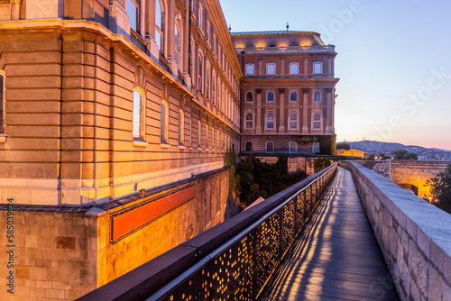 Evening view of a pathway on fortification walls of Buda castle in Budapest, Hungary