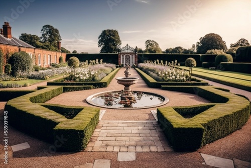 A classic English garden with a brick walkway, manicured hedges, and a focal point fountain surrounded by flowers