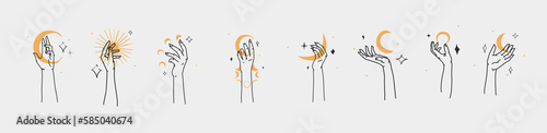Hand drawn vector abstract outline,graphic,line art magic hands with moon and stars logo set in minimalistic modern style.Moon and star sign outline design concept.Outline astrology line art isolated.