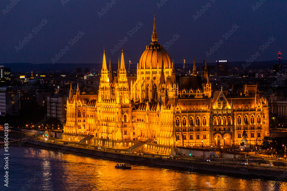 Evening view of Danube river and Hungarian Parliament Building in Budapest, Hungary