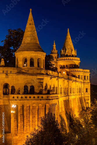 Evening view of Fisherman's Bastion at Buda castle in Budapest, Hungary