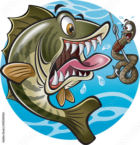 Cartoon style fish about to take fishing bait on a hook