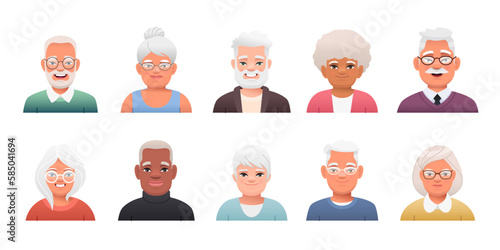 Set of various portraits of happy cute seniors. Facial expressions of beautiful old men and women. Vector illustration