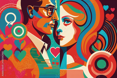 Flat retro design  Romantic love between people. Lowers in rich colors   Generative AI Production