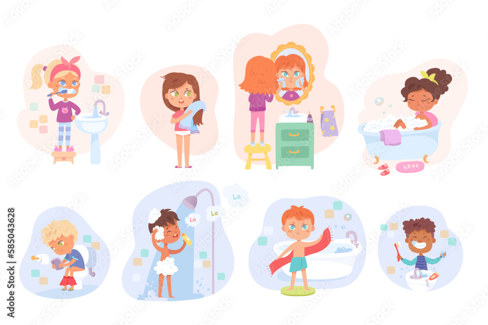 Daily hygiene of children set, little kids brush teeth, care and clean face and body Daily hygiene of children set, little kids brush teeth, care and clean face and body
