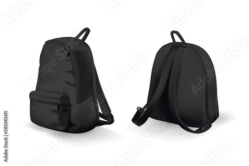 Black backpack isometric design front and back view set. College or school rucksack mockup vector illustration. Realistic youth pack of fabric for study or sport isolated on white background