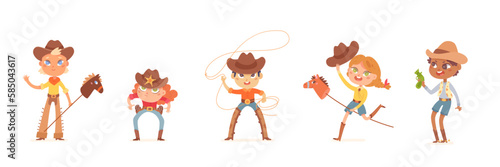 Children play cowboys set vector illustration. Cartoon isolated boys and girls wear sheriff costume, hat and leather boots, little kids playing with rope lasso and wooden horse in wild West games