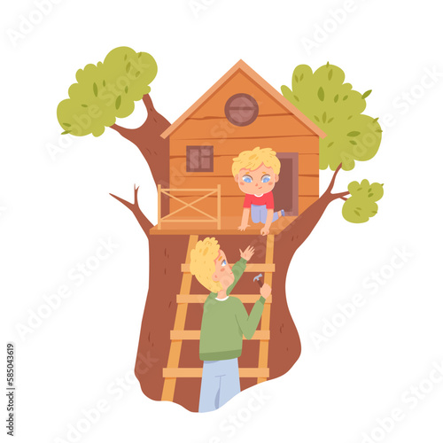 Father and cute son build house on green tree in park or garden, dad holding hammer