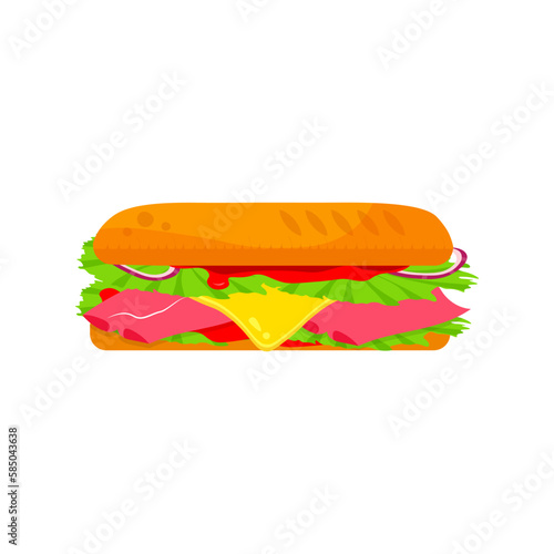 Sandwich stuffed with ham slices, cheese, lettuce salad and pickled onions rings