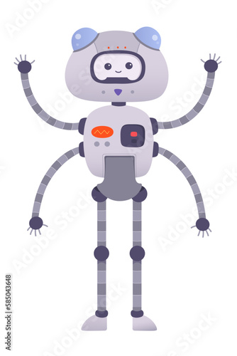Fototapeta Cute toy robot with many robotic arms, happy machine standing with funny smile o