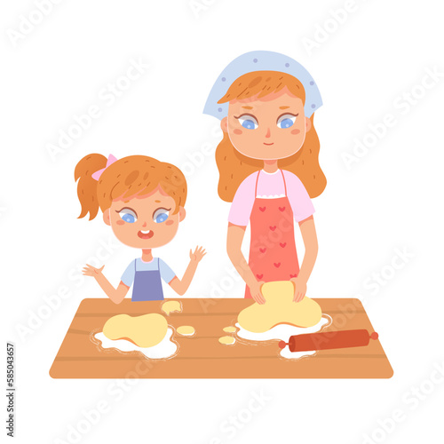 Mother and daughter bake cake together, mom and girl knead dough on kitchen table