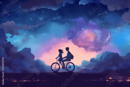 illustration painting of love riding on bicycle generative ai