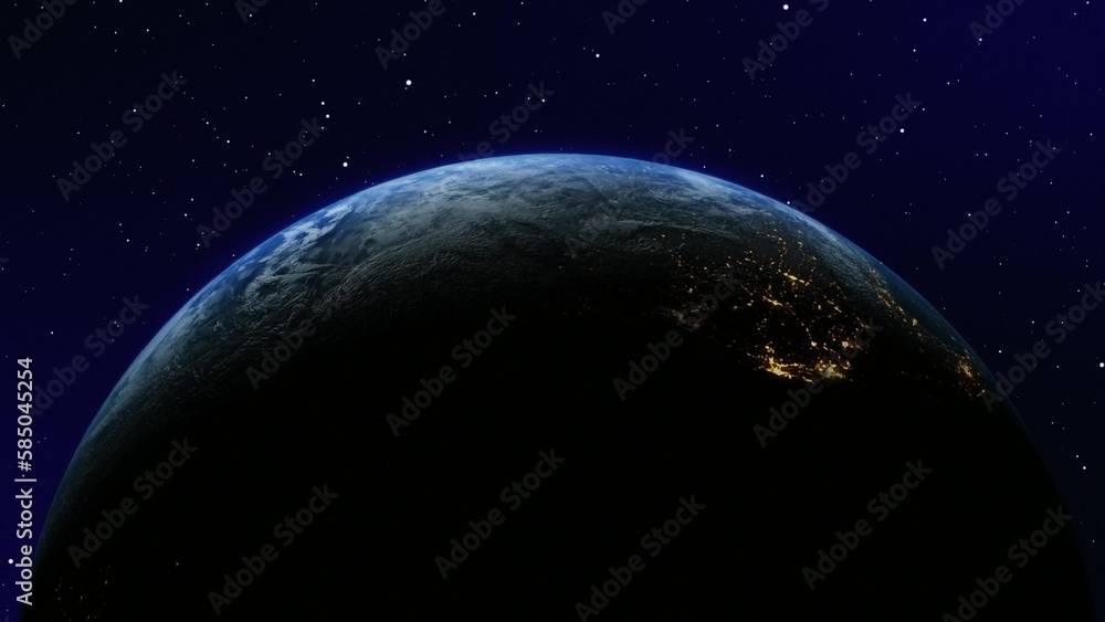 sunrise view from space on planet earth, 3d space scene