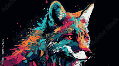 Fox animal illustration. Colorful vector art painting of cute wildlife. Stylized mammal. colored card decoration. Wallpaper artwork. Printable for t-shirt. Hipster artistic design. Painting splatters