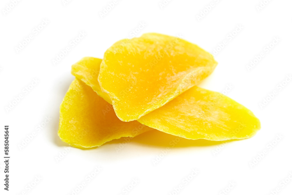 Dried mango slices isolated on white background. Candied mango fruits Dried mango slices isolated on white background. Candied mango fruits