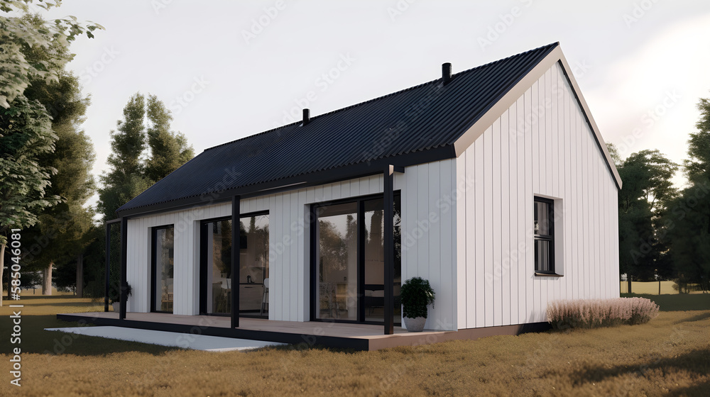 Illustration of a newly built small modern house with minimalistic nordic interior design - Alternative 8 Illustration of a newly built small modern house with minimalistic nordic interior design - Alternative 8