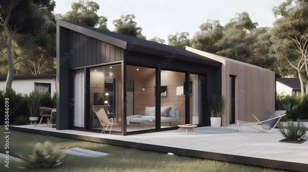 Illustration of a newly built small modern house with minimalistic nordic interior design - Alternative 7 Illustration of a newly built small modern house with minimalistic nordic interior design - Alternative 7