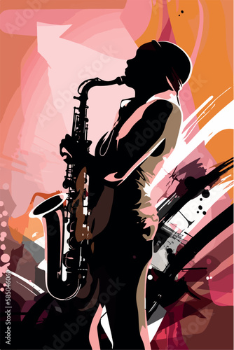 Jazz poster of saxophone. Abstract vector illustration of musical instrument. Colorful performance of musician. Modern flyer drawing of saxophonist player. Concert jazzy music Live entertainment event