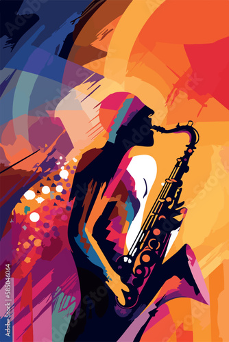 Jazz poster of saxophone. Abstract vector illustration of musical instrument. Colorful performance of musician. Modern flyer drawing of saxophonist player. Concert jazzy music Live entertainment event