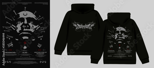 Retro futuristic poster with a human head and nails in it "Headache". Abstract print for streetwear, for jacket, t-shirt or sweatshirt Isolated on white background