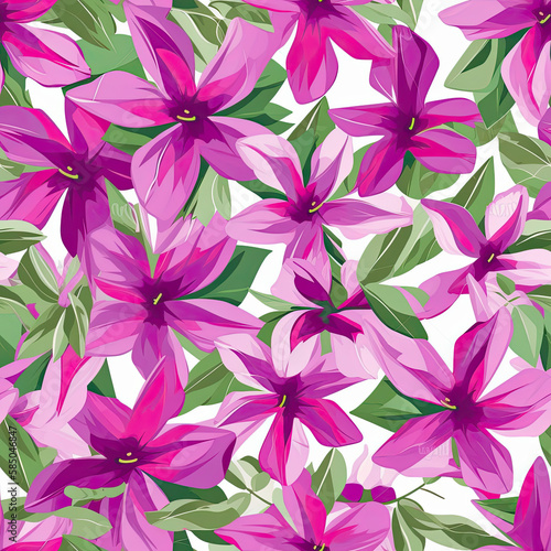 tropical seamless pattern featuring Vinca flowers with pink and purple petals and green leaves  set against a green background