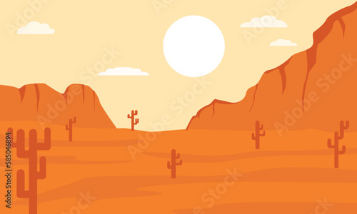 Cartoon desert landscape with cactus, hills and mountains silhouettes, vector nature horizontal background
