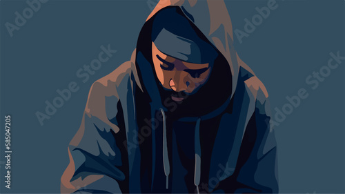 Sad depressed black man. Vector illustration of cartoon character grieving. Guy having a rough time. Negative emotions. Unhappy figure, sorrow. Man heartbroken by a breakup. Lonely solitude. Hoodie