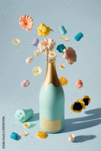 Pastel blue creative a champagne bottle from which fresh spring flowers explode, romantic night, table set for a love date, Generative AI.