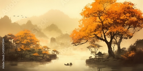 Beautiful autumn scenery, with luxuriant maple trees and wide lake. Chinese traditional ink painting style. Created by Generative AI technology.
