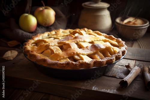 close-up of a freshly baked delicious apple pie, straight out of the oven, ai generative © Iva