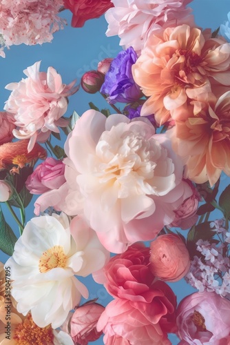 Spring background, flat lay concept of fresh Spring flowers vivid colors on a pastel blue background. Field flowers, roses and leaves. Generative AI.